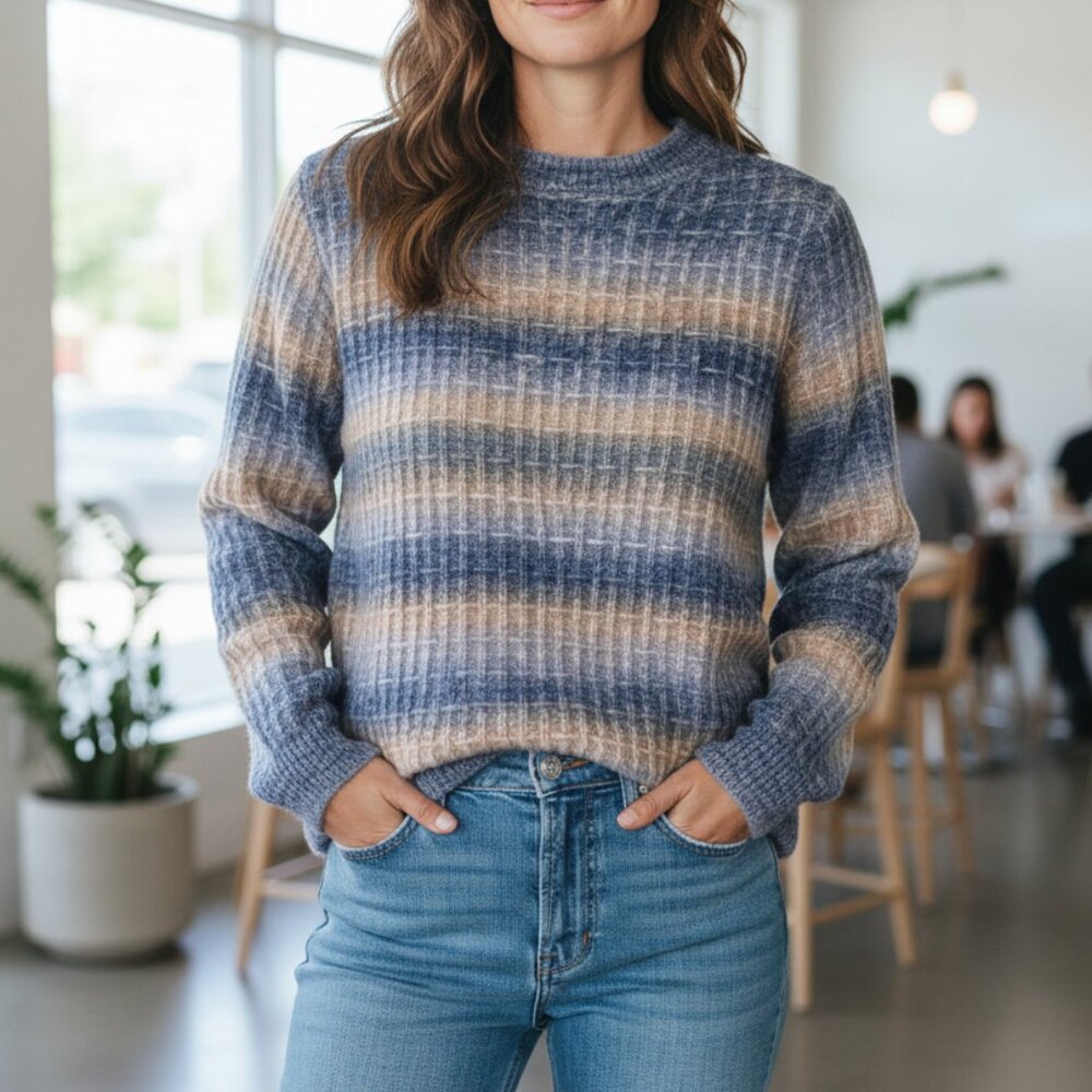 Ladies multiple-colour striped crew neck sweater.
